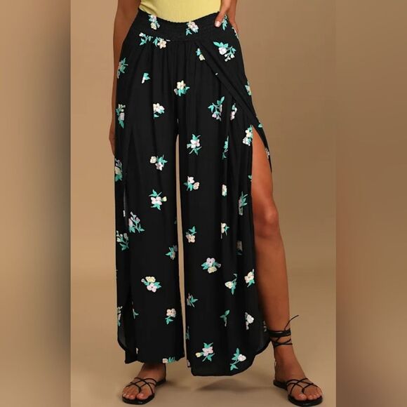 Billabong Wandering Soul Black Floral Print Wide Leg Pants - Picture 2 of 10
